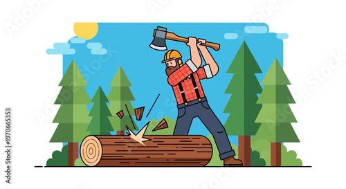 Woodsman Chopping Log In Forest Scene With Trees And Sun