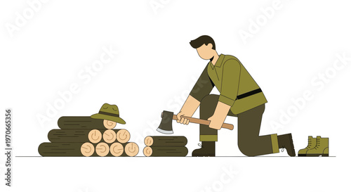 Woodsman Chopping Logs For Fuel In A Minimalist Style