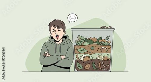 Young Boy Pondering Worm Composting Process With Interest And A Little Disgust