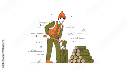 Woodsman Chopping Logs In Minimalist Style With Stacked Timber