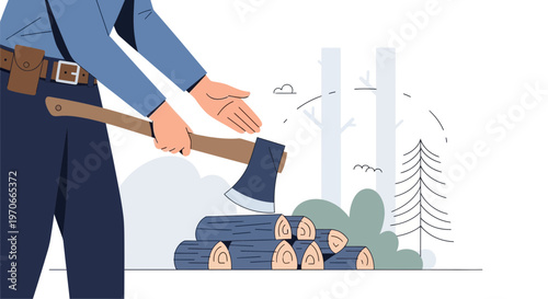 Woodsman Chopping Logs In Forest Scene Minimalist Style