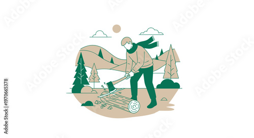 Woodsman Chopping Logs In Forest Landscape Scene Flat Illustration