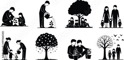 Family gardening and tree care silhouettes illustrating parenting nature education sustainability growth eco friendly lifestyle environmental conservation vector illustration set