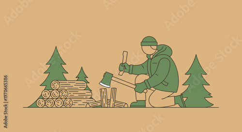 Woodsman Chopping Logs In A Forest Setting With Pine Trees And Stacked Wood