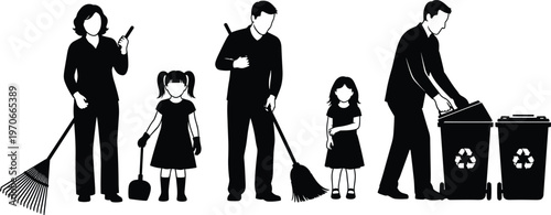 Family cleaning and recycling together, parents and children doing housework, environmental responsibility concept, waste management vector illustration design