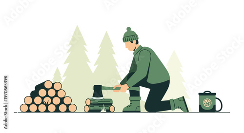 Woodsman Chopping Logs In Snowy Forest Scene With Mug