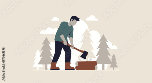 Woodsman Chopping Logs In Forest Scene