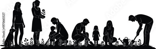 Family gardening silhouettes with parents children planting flowers watering plants outdoor activity nature care community growth vector illustration design