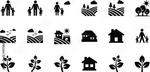Family home and nature icon set featuring people houses plants landscapes sustainable living rural environment eco friendly vector illustration