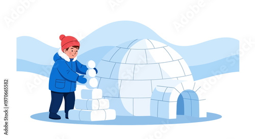 Young Child Building An Igloo In A Winter Wonderland Scene