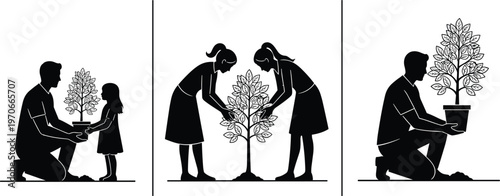 Family planting tree silhouettes illustrating environmental care sustainability parenting education nature conservation growth eco friendly lifestyle vector concept