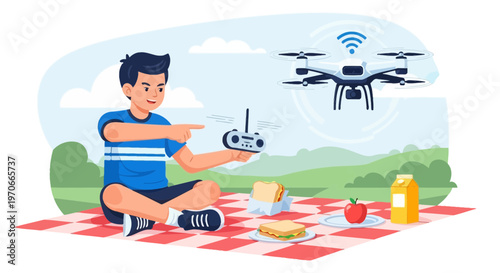 Young Boy Controls Drone During Picnic Adventure Outing