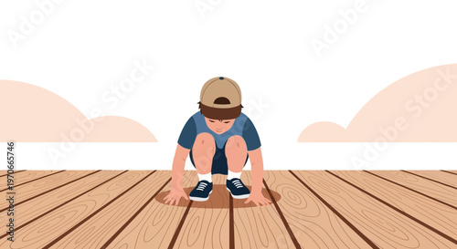 Young Boy Crouching on Wooden Pier Ready for Action Outdoor