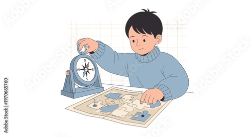 Young Explorer Navigating Puzzle With Compass and Map Adventure