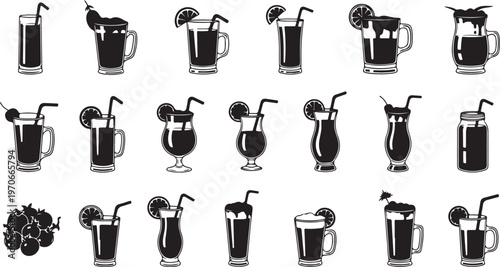Black and white illustrations of various cocktail drinks and glasses