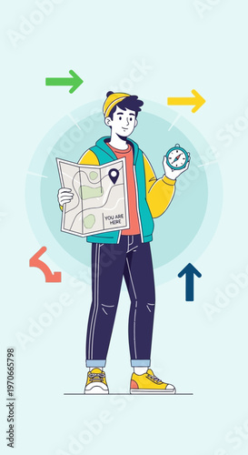 Young Explorer Navigating With Map And Compass Seeking Direction And Adventure