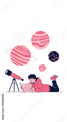 Young Enthusiast Discovering The Universe Through Telescope And Books