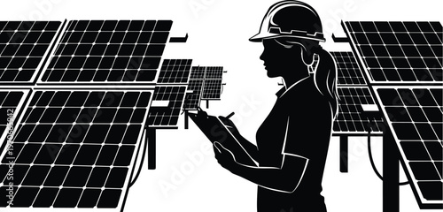 Female engineer inspecting solar panels with clipboard, renewable energy concept, sustainable power technology, clean energy industry vector illustration design