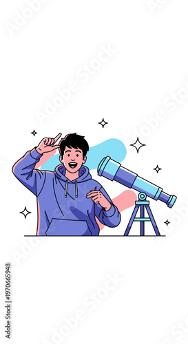 Young Enthusiast Gazes Through Telescope Exploring Night Sky Wonders