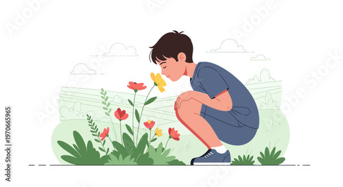 Young Boy Enjoys Delicate Aroma Of Blooming Garden Flowers Outdoors