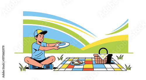 Young Boy Enjoys A Sunny Day Picnic With Frisbee Fun