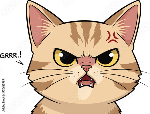 An adorable cartoon cat displays a fiercely angry expression with furrowed brows and a visible growl depicted visually high quality professional detailed modern