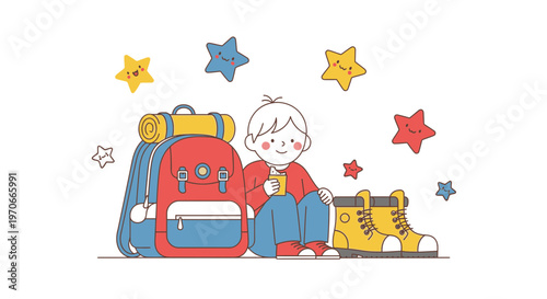Young Explorer Ready For Adventure With Backpack And Boots And Stars
