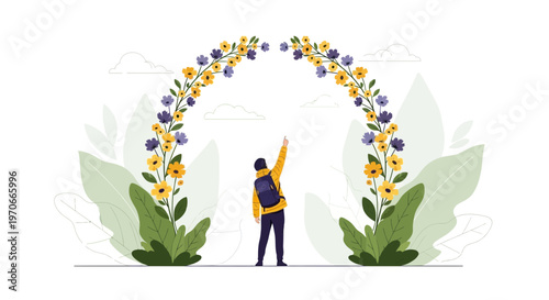 Young Explorer Reaching Towards a Floral Archway in Open Air