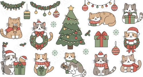 A charming illustration depicts adorable cats celebrating christmas adorned with festive decorations like trees gifts and wreaths high quality professional detailed modern elegant