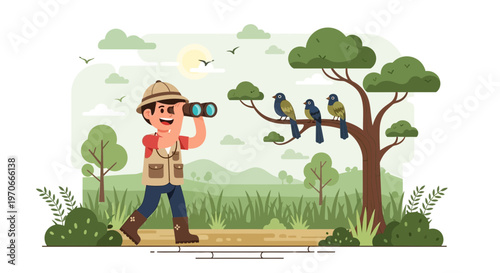 Young Explorer Discovering Nature And Birds Through Binoculars