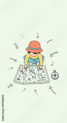 Young Explorer Studying World Map And Compass For Adventure Planning