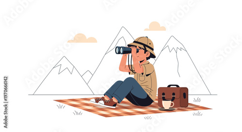 Young Explorer Discovering Mountain Vistas With Binoculars And Picnic