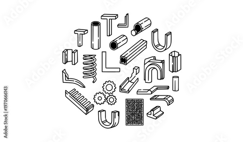 Industrial metal fabrication icons with beam channel mesh and gear shapes editable stroke outline vector for engineering infographic