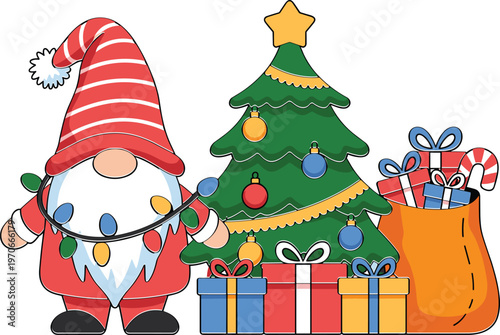 Cute Christmas gnome vector illustration with decorated pine tree, gift boxes, and sack full of presents for holiday season greeting cards and posters.