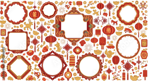 A vibrant collection of ornate red and gold chinese new year decorations including lanterns frames and symbolic animal motifs high quality professional detailed