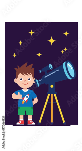 Young Explorer Gazes At Starry Night Sky With Telescope Discovering Wonders