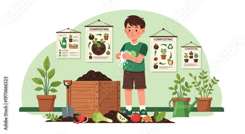 Young Gardener Actively Engaged in Composting Process for Sustainable Living