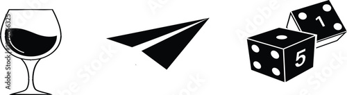 Vector Icons Set with Wine Glass, Paper Airplane, and Dice for Fun, Travel, and Entertainment Designs