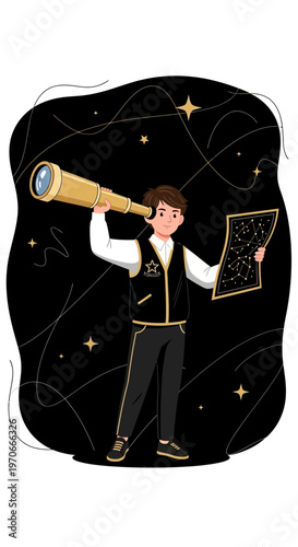 Young Explorer Gazes At Star Map With Telescope In Night Sky