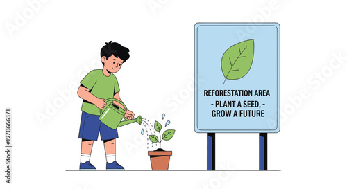 Young Gardener Nurturing Sapling Near Reforestation Sign