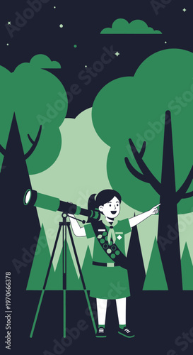 Young Explorer Gazes At Stars Through Telescope In Forest