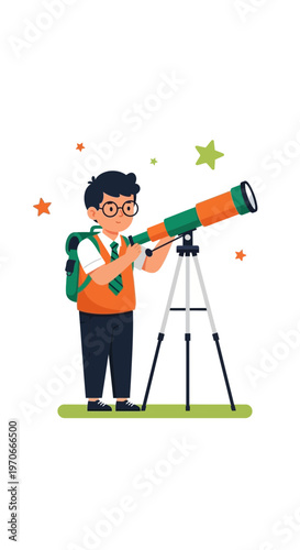 Young Explorer Gazing Through Telescope Discovering The Universe
