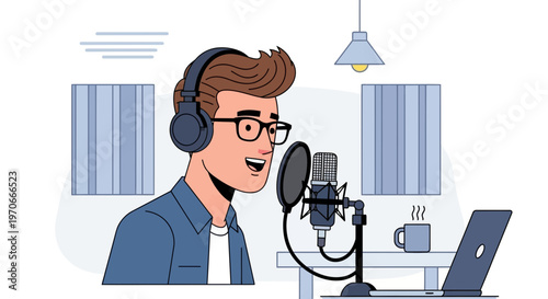 Young Man Recording Podcast With Professional Microphone And Laptop In Studio