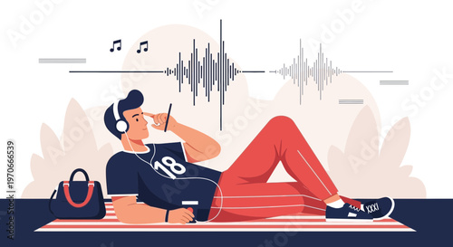 Young Man Relaxing Listening To Music Via Headphones On Phone