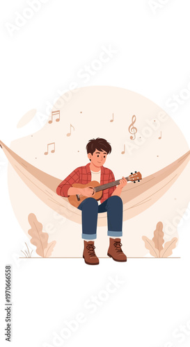 Young Man Relaxing And Playing Ukulele While Sitting In A Hammock Outdoors