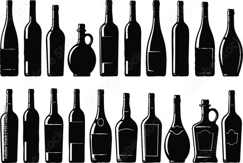 Bottle Vector Set with Various Wine, Liquor, and Decorative Bottles in Different Shapes for Packaging and Design Use