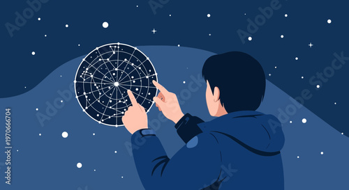 Young Man Studying Constellations On A Clear Night Sky With Star Chart