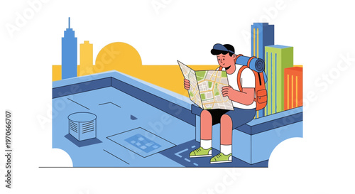 Young Man With Backpack Studying Map On Rooftop Overlooking Cityscape