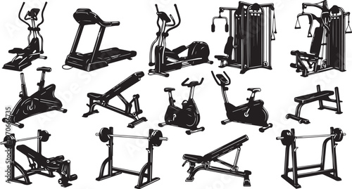 Various types of gym equipment for exercise and fitness training