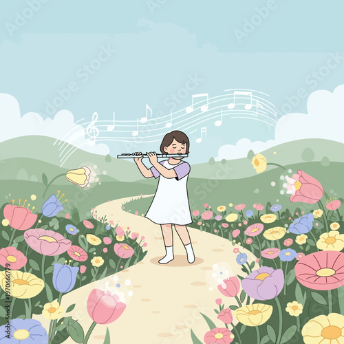 Young Musician Seranades Nature In A Blooming Meadow With Gentle Melodies